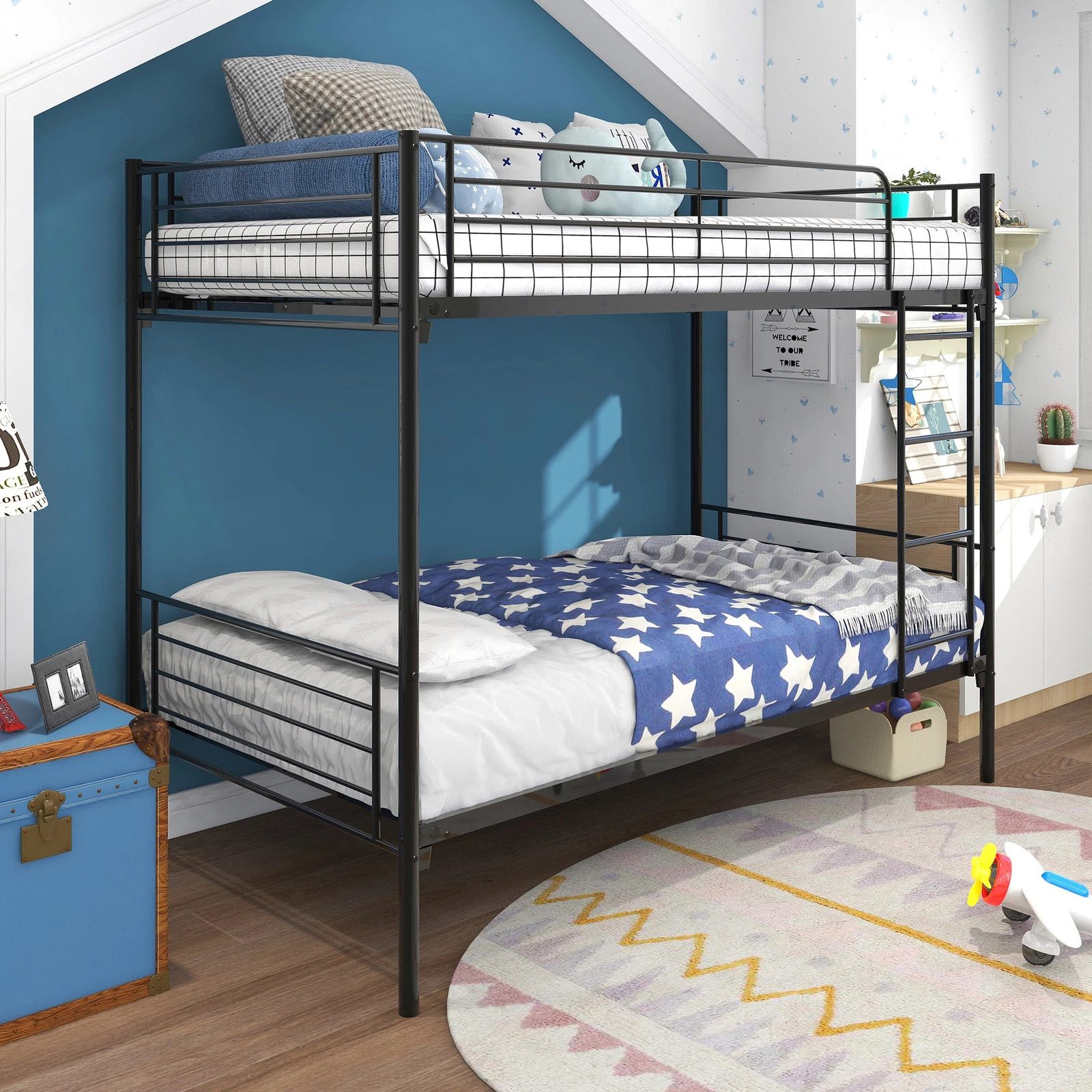 Black Twin over Twin Bunk Bed Metal Frame w/Stable